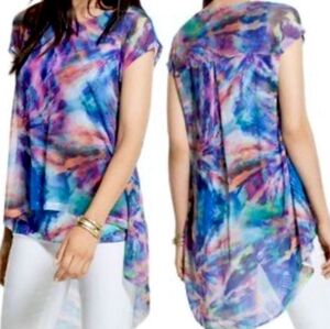 CHICO’s Watercolor Scoop Neck Tank With Mesh Overlay High Low Hem